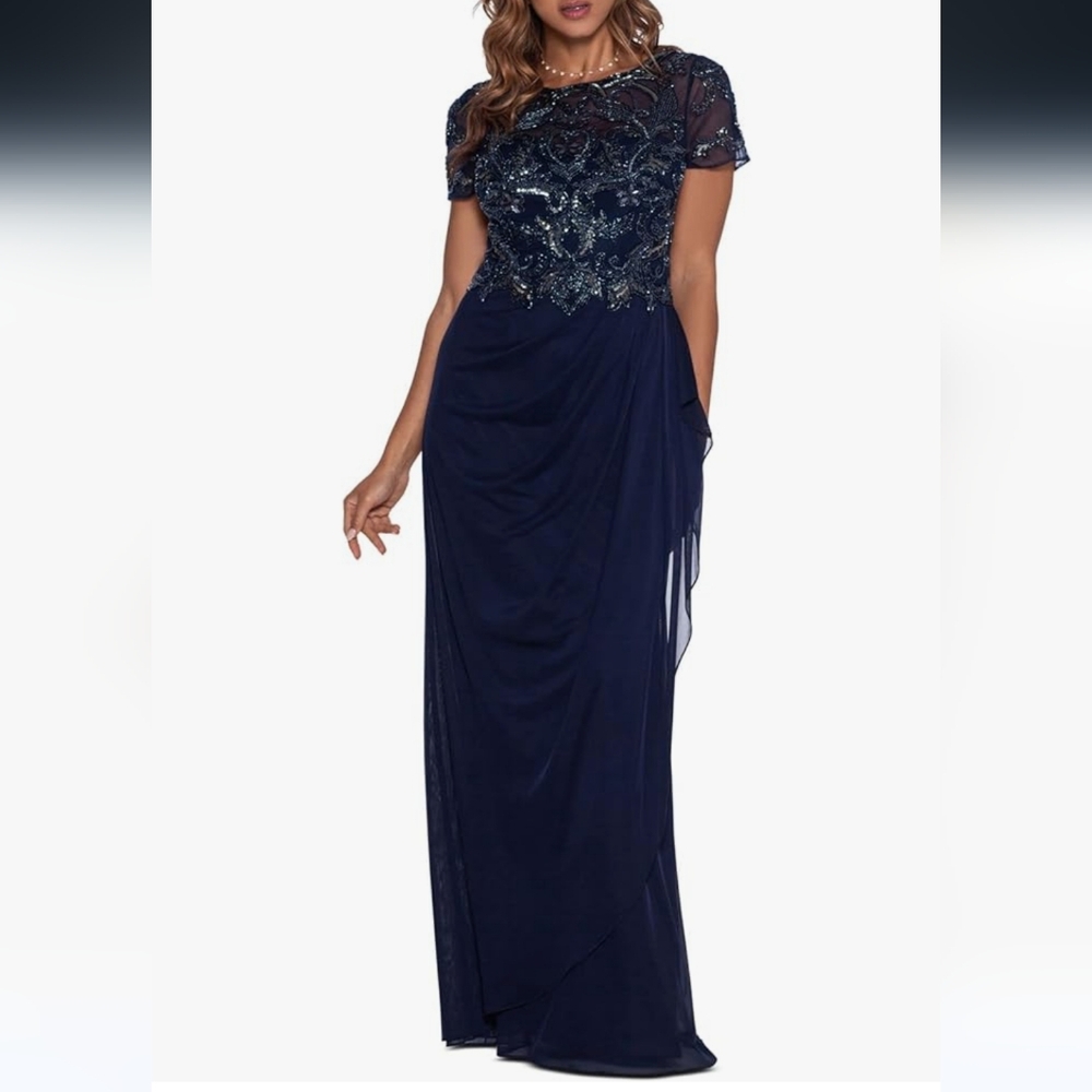 Xscape Long Beaded Top Sheer Matte Jersey Skirt Navy Dress 299$  Size 6 NWT